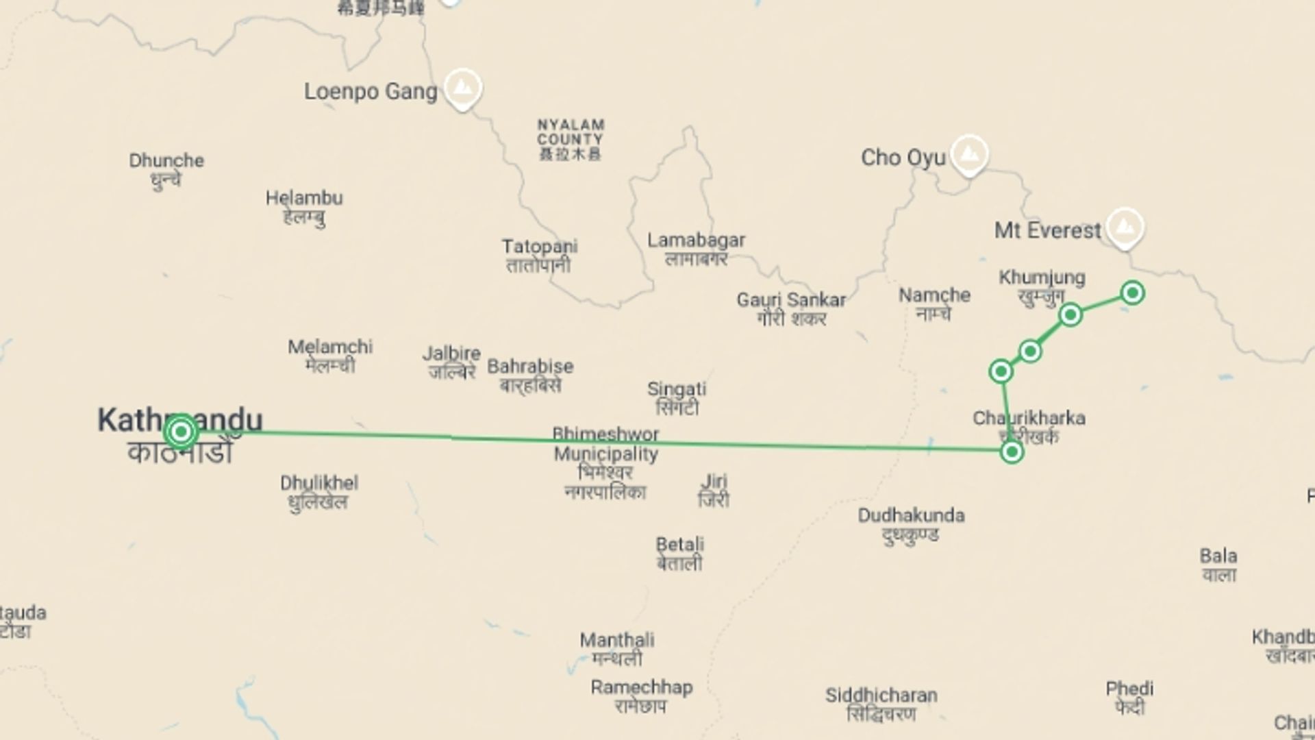 A map showing the tour itinerary for the trip: Island Peak Climbing Trek , starting in Kathmandu, Nepal and ending in Kathmandu, Nepal going through 6 other destinations.