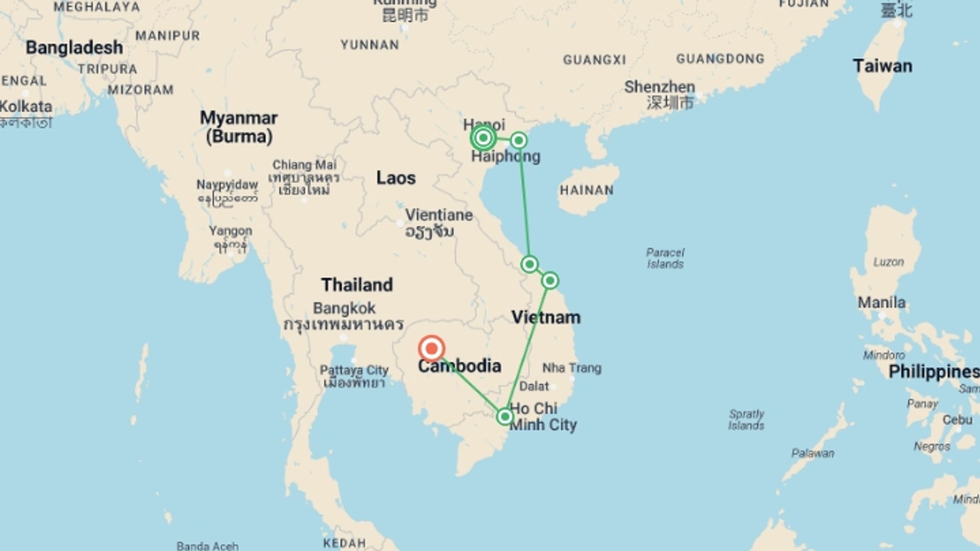 A map showing the tour itinerary for the trip: Vietnam and Cambodia 12 Days, starting in Hanoi, Vietnam and ending in Siem Reap, Cambodia going through 4 other destinations.