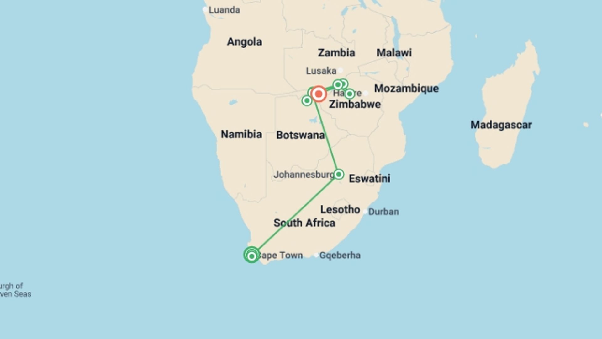 A map showing the tour itinerary for the trip: Safari Cruise along the Zambezi River - South Africa, Botswana, Namibia, Zimbabwe with extended stay at the Cape Peninsula (port-to-port cruise), starting in Cape Town, South Africa and ending in Victoria Falls, Zimbabwe going through 8 other destinations.