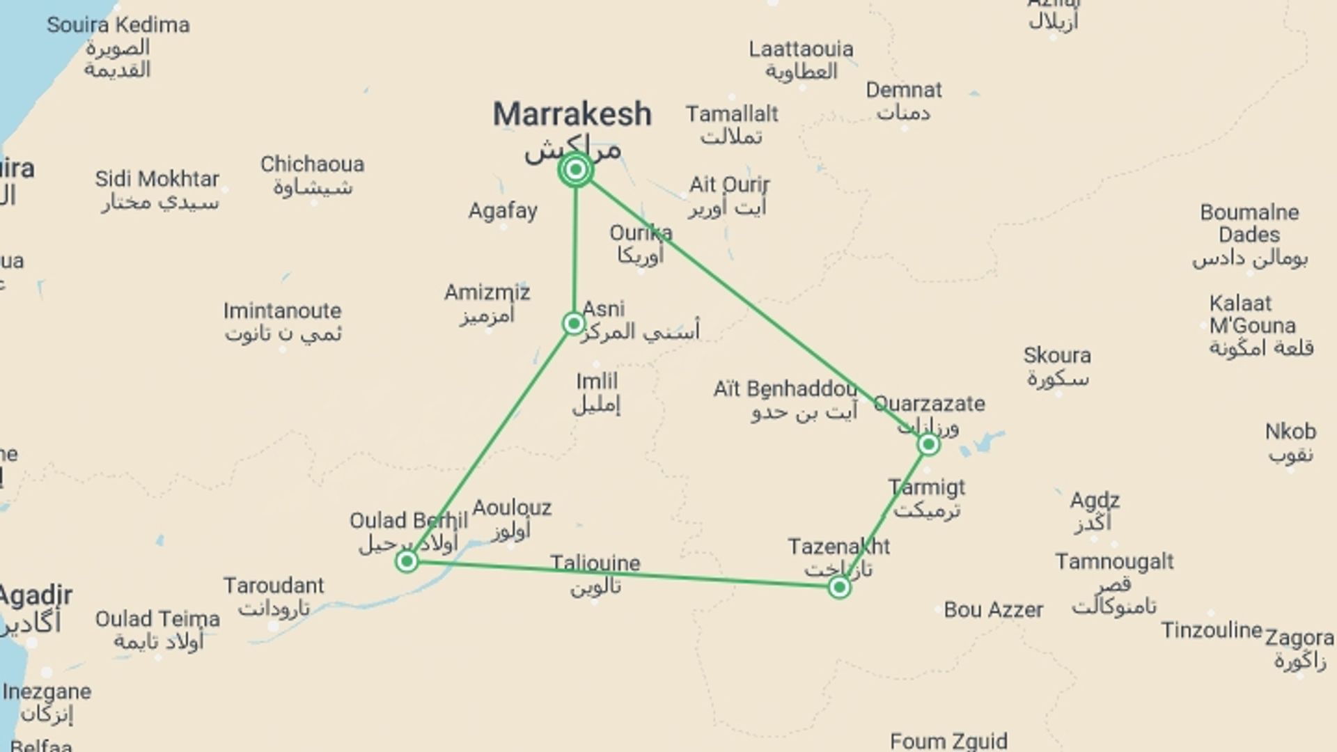 A map showing the tour itinerary for the trip: Ouarzazate & High Atlas, Private Tour, starting in Marrakech, Morocco and ending in Marrakech, Morocco going through 3 other destinations.