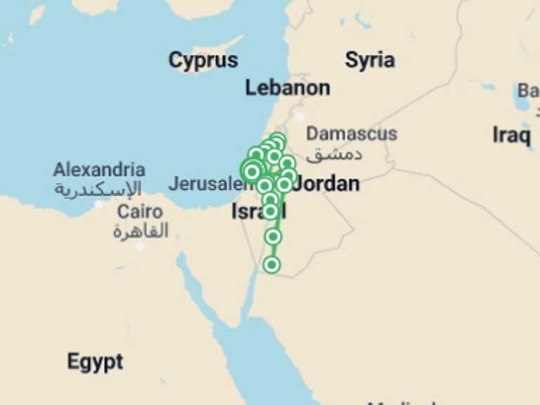 Map itinerary of Jordan Tour in January 2026 with 6 destination visits for the trip: Heritage Of The Holy Land And Jordan (multi Country)