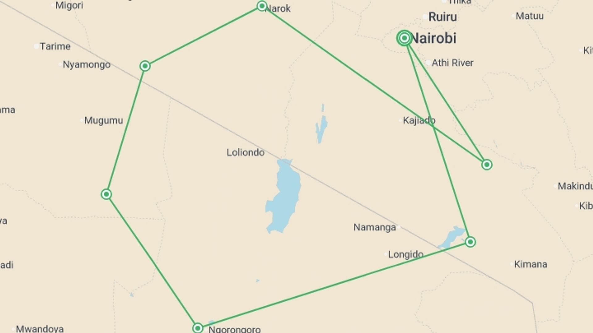 A map showing the tour itinerary for the trip: East African Adventure, starting in Nairobi, Kenya and ending in Nairobi, Kenya going through 6 other destinations.