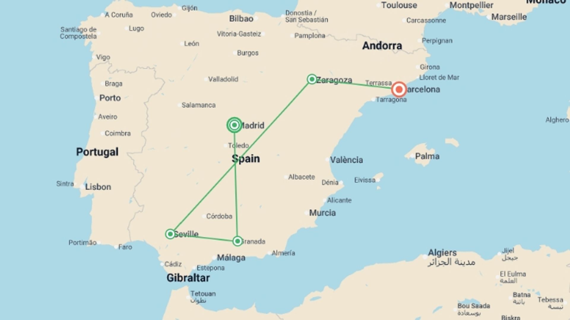A map showing the tour itinerary for the trip: Classical Spain, starting in Madrid, Spain and ending in Barcelona, Spain going through 3 other destinations.