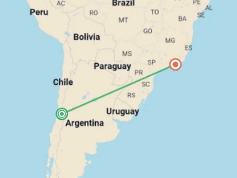 Map of South America Tour with 2 destination visits for the trip: 19-Day Journey through South America