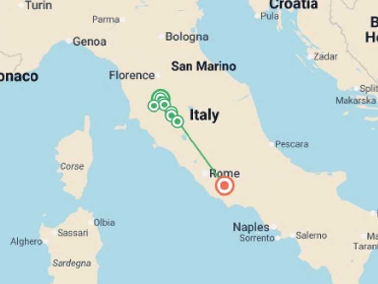 Map itinerary of Mediterranean Tour in June 2026 with 8 destination visits for the trip: Via Francigena: Southern Tuscany from Siena