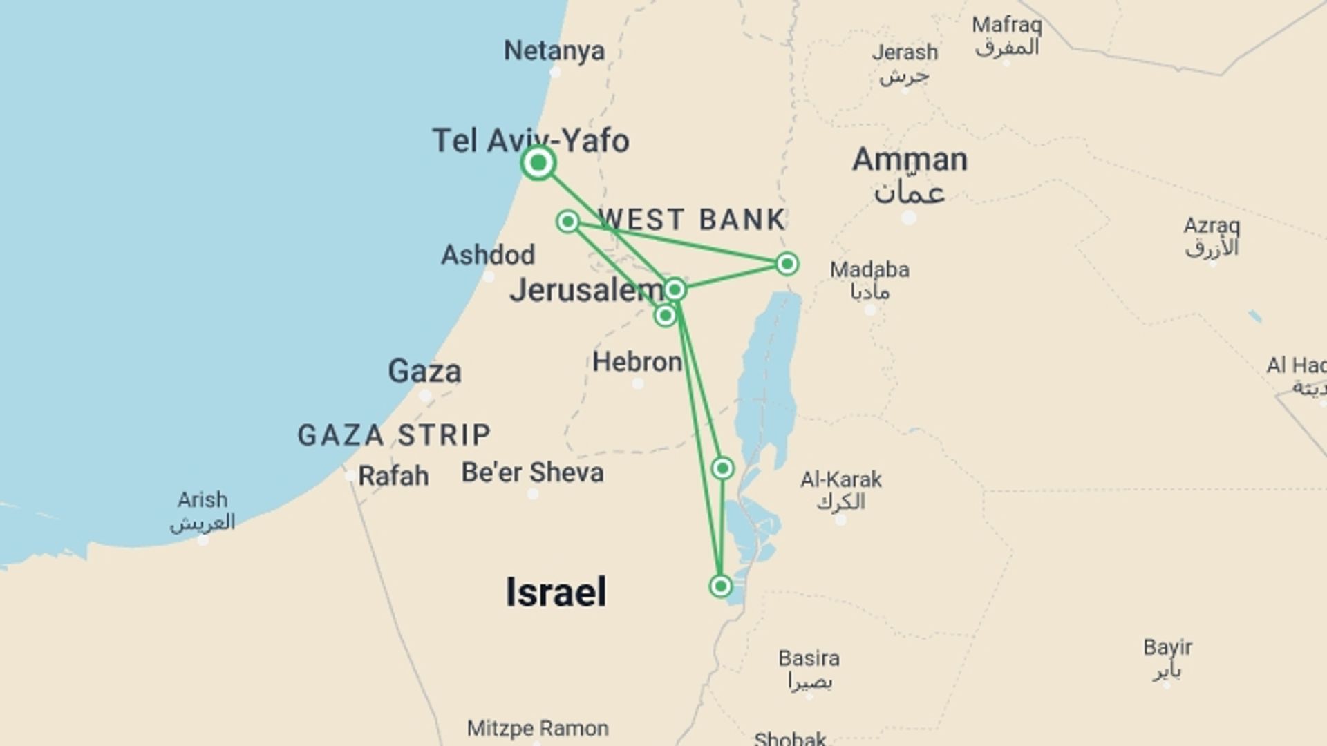A map showing the tour itinerary for the trip: Jerusalem, Masada And Bethlehem Tour, 3 Days From Tel Aviv, starting in Tel Aviv, Israel and ending in Tel Aviv, Israel going through 1 other destinations.