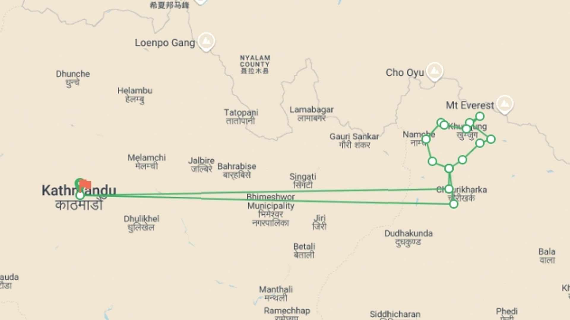 A map showing the tour itinerary for the trip: Everest Three High Passes Trek, starting in Kathmandu, Nepal and ending in Kathmandu, Nepal going through 14 other destinations.