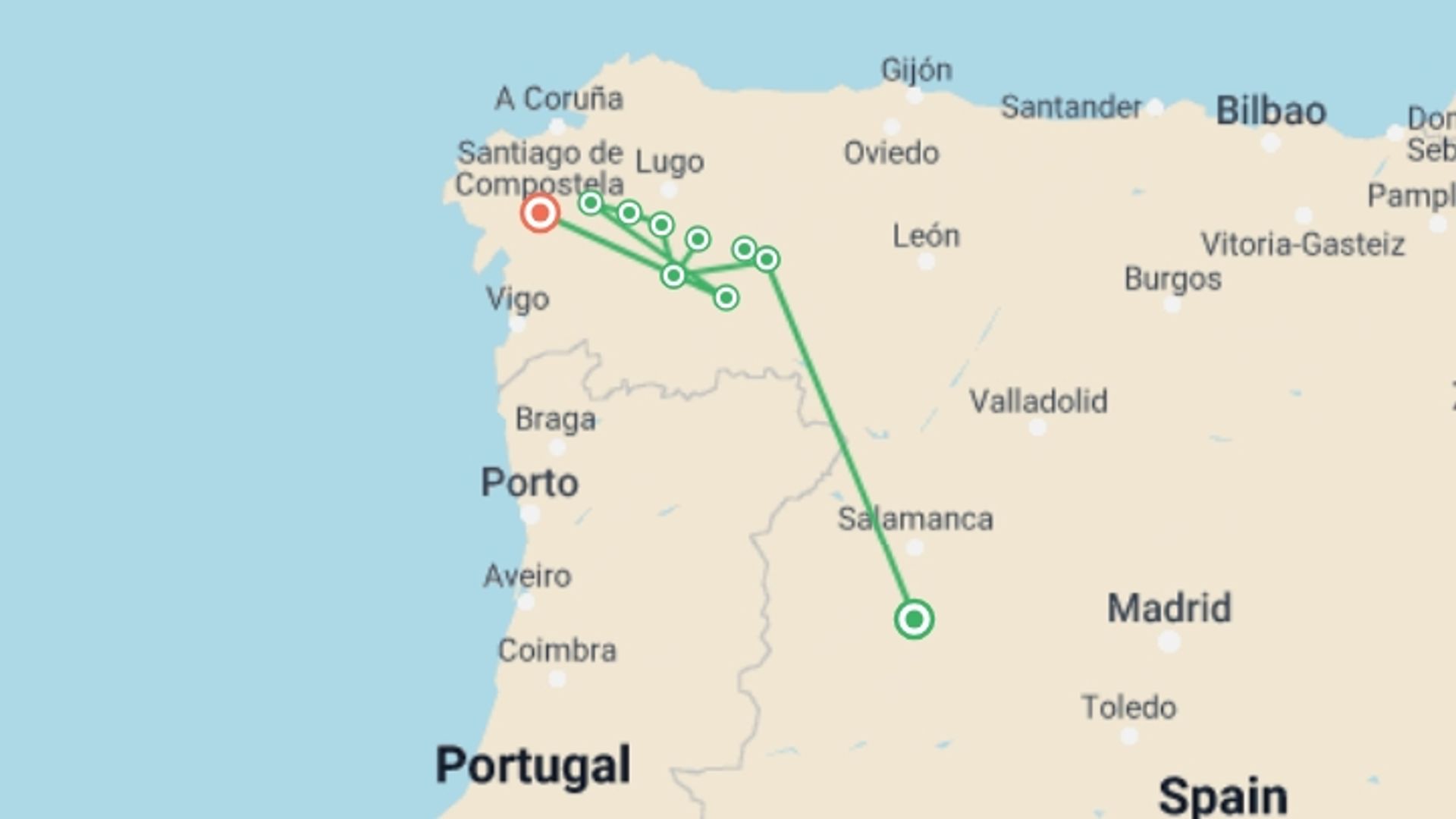 A map showing the tour itinerary for the trip: Camino - Pilgrims and Paradors, starting in Castile y León & La Rioja, Spain and ending in Santiago De Compostela, Spain going through 6 other destinations.