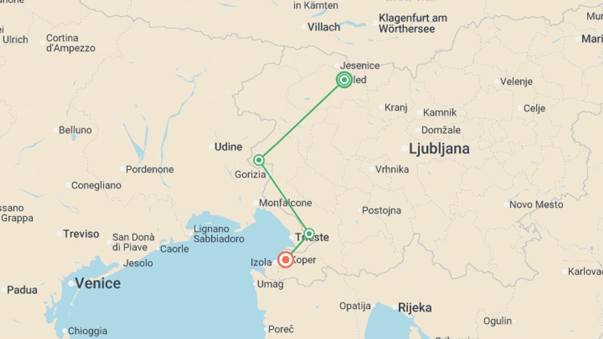 A map showing the tour itinerary for the trip: Secrets of Slovenia Cycling, starting in Bled, Slovenia and ending in Koper, Koper going through 2 other destinations.