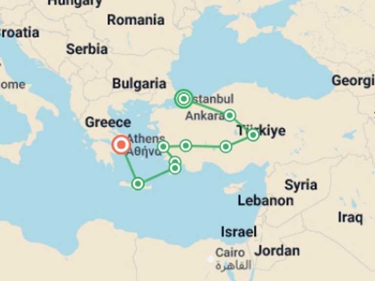Map itinerary of Rhodes Tour in Spring with 10 destination visits for the trip: Great Turkey, Rhodes and Crete End Athens