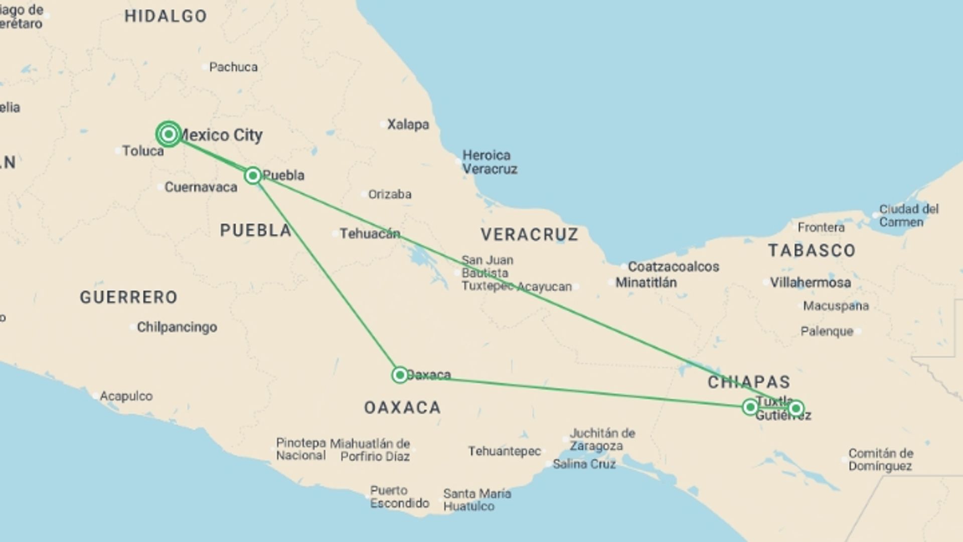 A map showing the tour itinerary for the trip: Treasures of Mexico, starting in Mexico City, Mexico and ending in Mexico City, Mexico going through 4 other destinations.