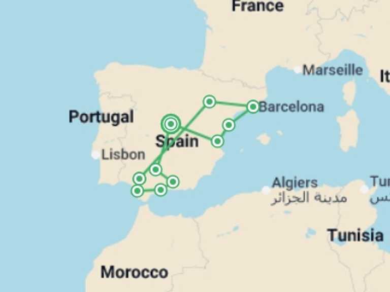 Map itinerary of Mediterranean Tour in May 2026 with 8 destination visits for the trip: Ultimate Andalusia