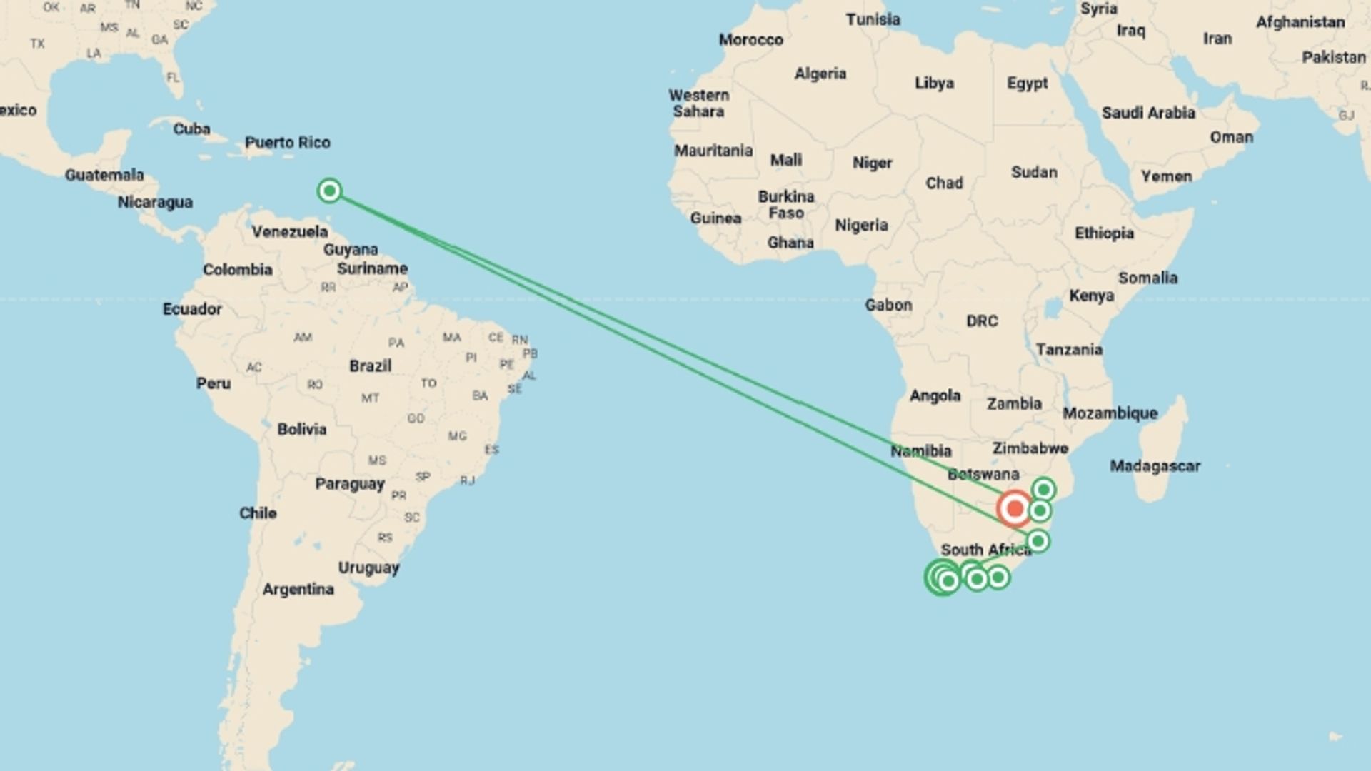 A map showing the tour itinerary for the trip: Sea, Safari, South Africa 35 to 45, starting in Cape Town, South Africa and ending in Johannesburg, South Africa going through 8 other destinations.