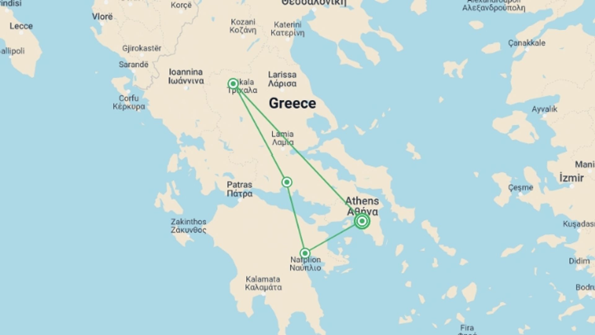 A map showing the tour itinerary for the trip: Highlights of Mainland Greece, starting in Athens, Greece and ending in Athens, Greece going through 3 other destinations.