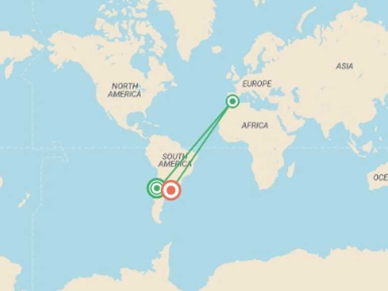 Map itinerary of Santiago Tour in Fall with 4 destination visits for the trip: Santiago to Buenos Aires (via Mendoza) Travel Pass