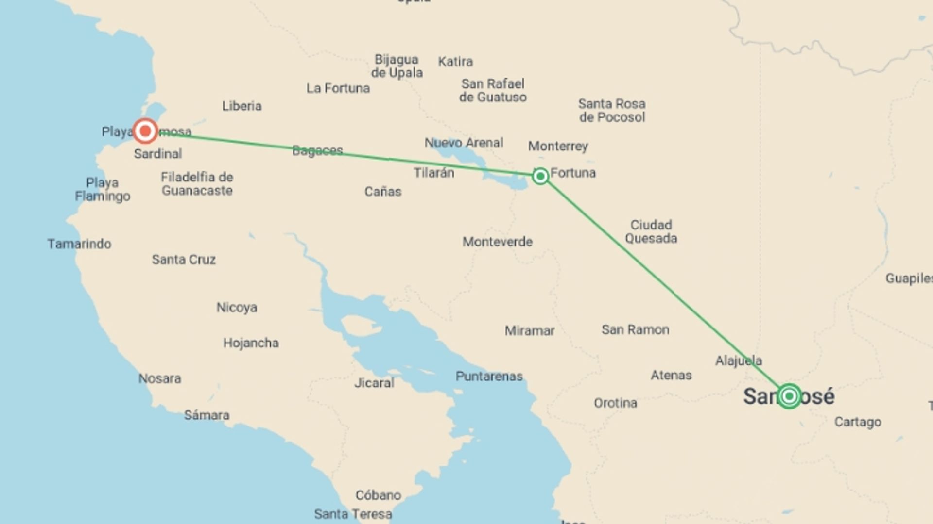 A map showing the tour itinerary for the trip: Costa Rica Premium Family Tour, starting in San Jose, Costa Rica and ending in Playa Hermosa, Costa Rica going through 1 other destinations.