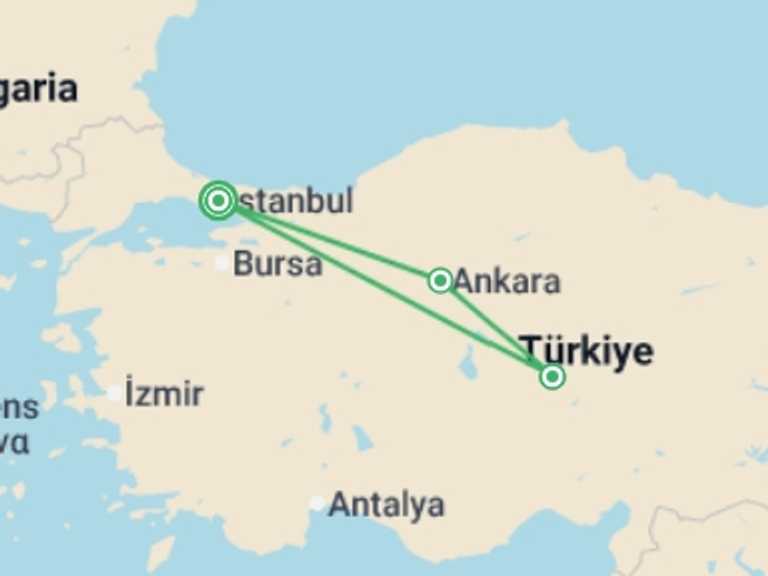 Map itinerary of Balkans Tour in November 2026 with 3 destination visits for the trip: Istanbul, Ankara & Cappadocia - 6 days