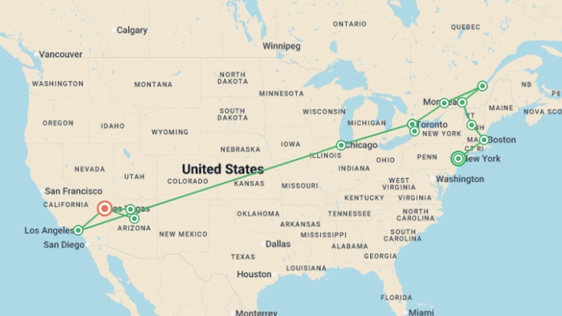 A map showing the tour itinerary for the trip: Essential East Coast and Western Classics, Ending in Las Vegas, starting in New York, USA and ending in Las Vegas, USA going through 10 other destinations.