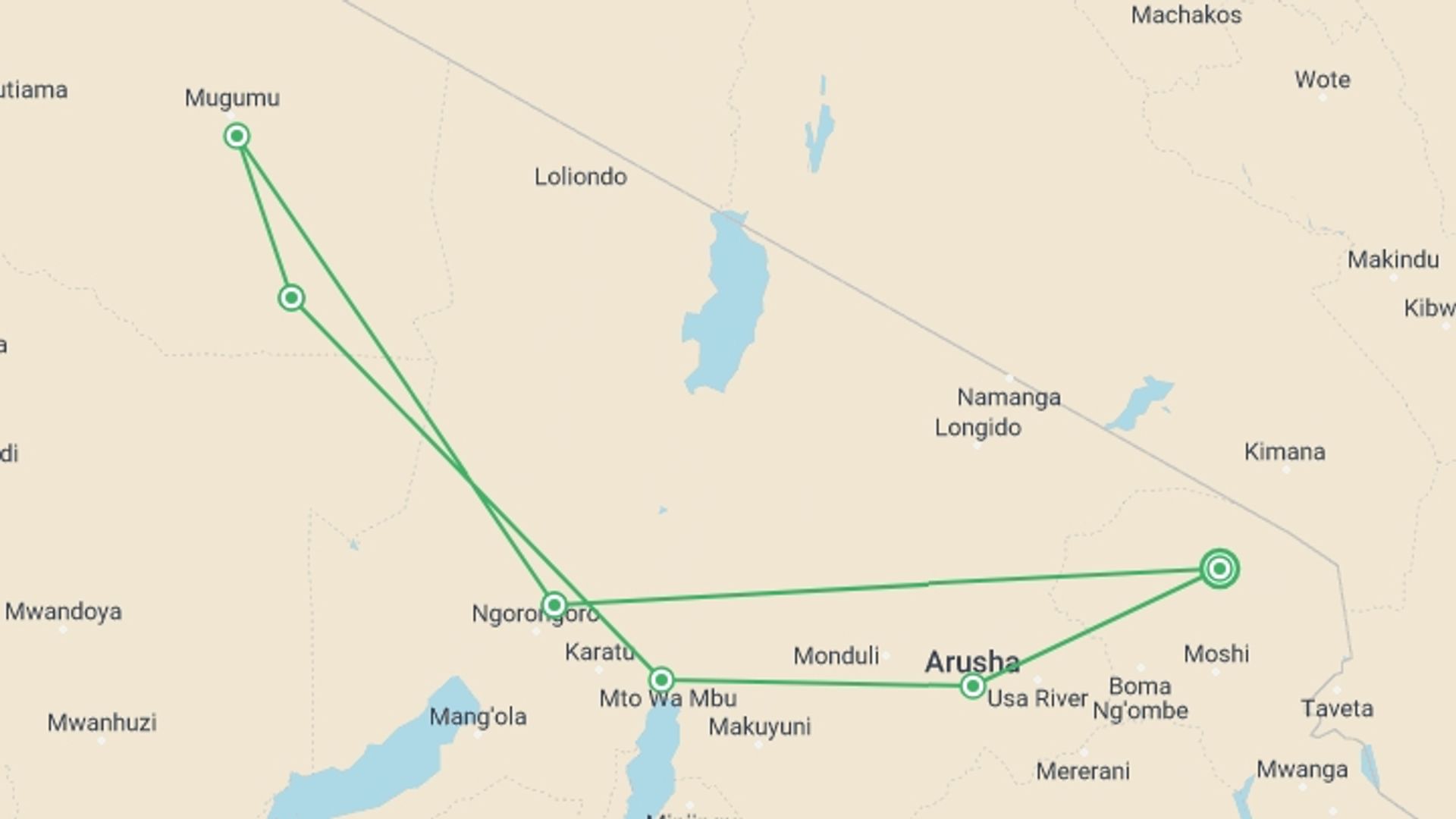 A map showing the tour itinerary for the trip: Simba Safari, Tanganyika Wilderness Camps - Private Tour, starting in Kilimanjaro, Tanzania and ending in Kilimanjaro, Tanzania going through 5 other destinations.
