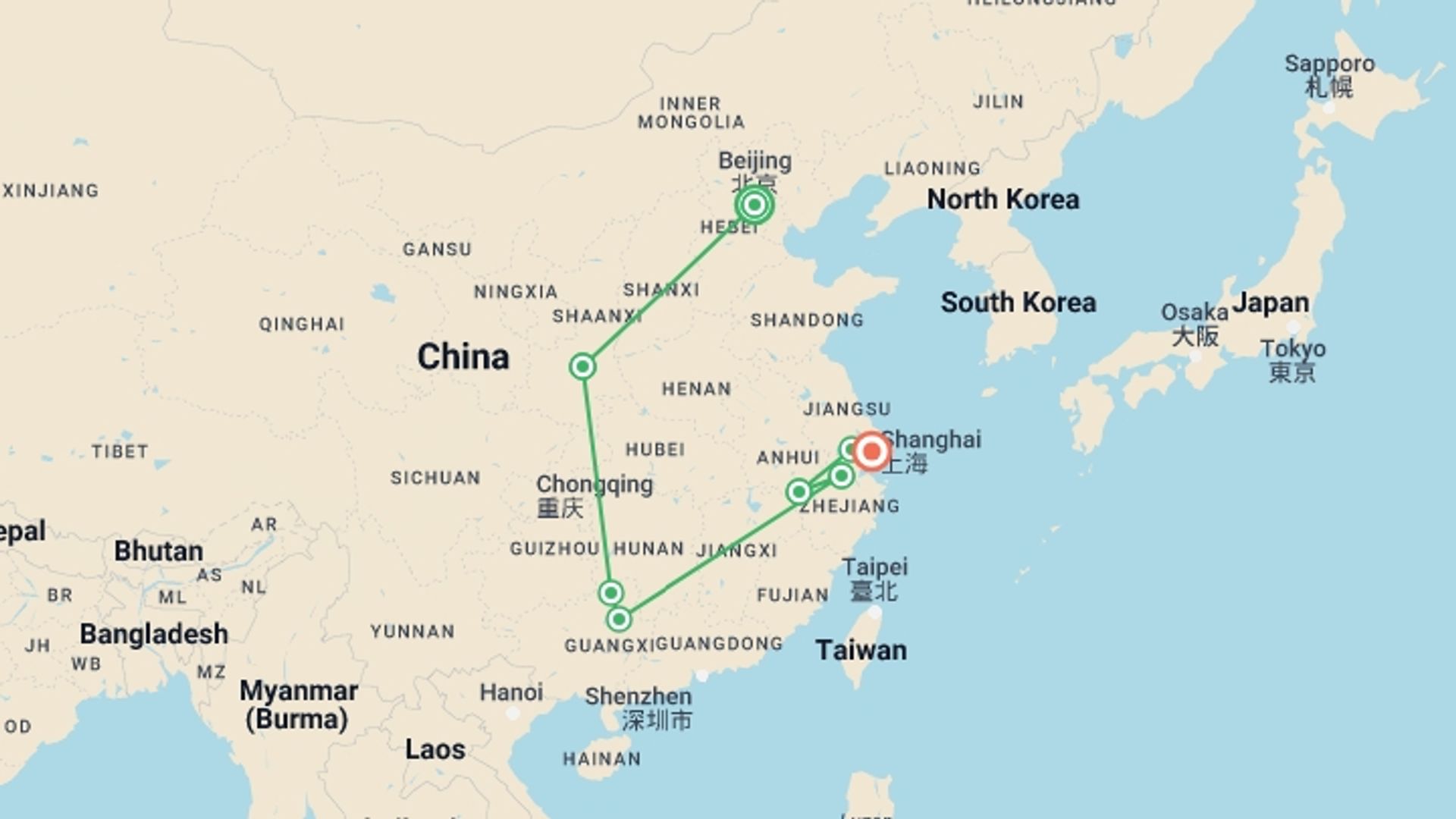 A map showing the tour itinerary for the trip: 16-Day Autumn Tour in China, starting in Beijing, China and ending in Shanghai, China going through 9 other destinations.