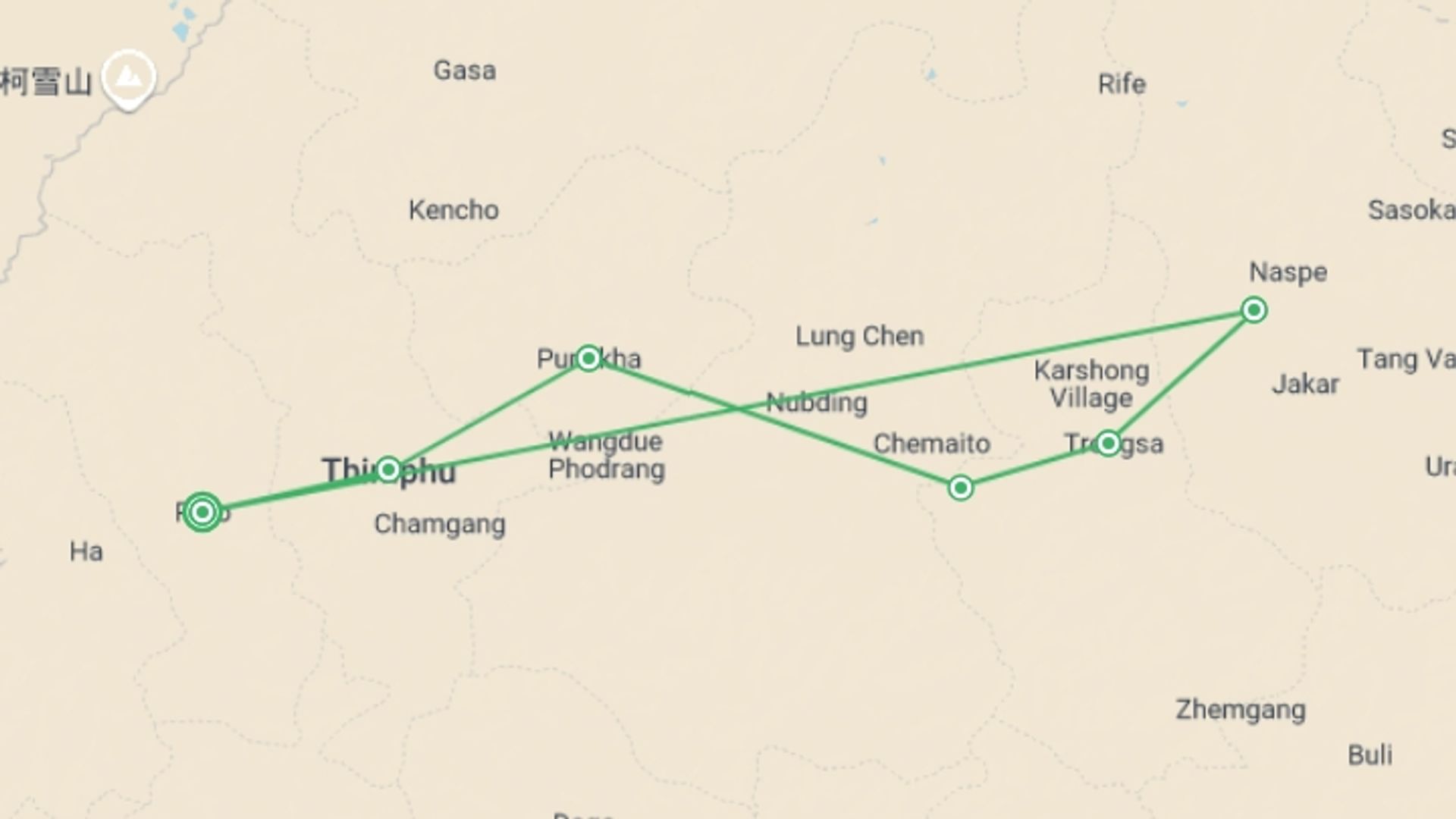 A map showing the tour itinerary for the trip: Highlights of the Trans Bhutan Trail, starting in Paro, Bhutan and ending in Paro, Bhutan going through 5 other destinations.