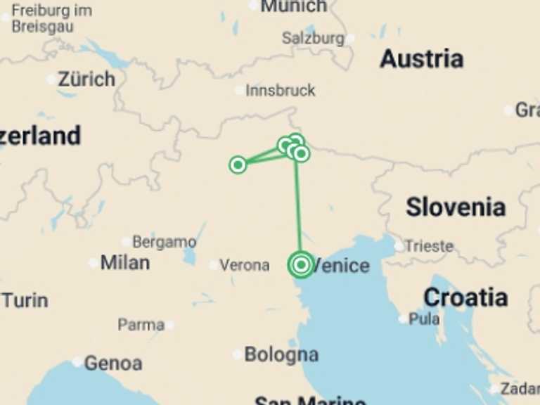 Map of Venice Natural landmarks sightseeing Tour with 6 destination visits for the trip: Hiking in the Dolomites