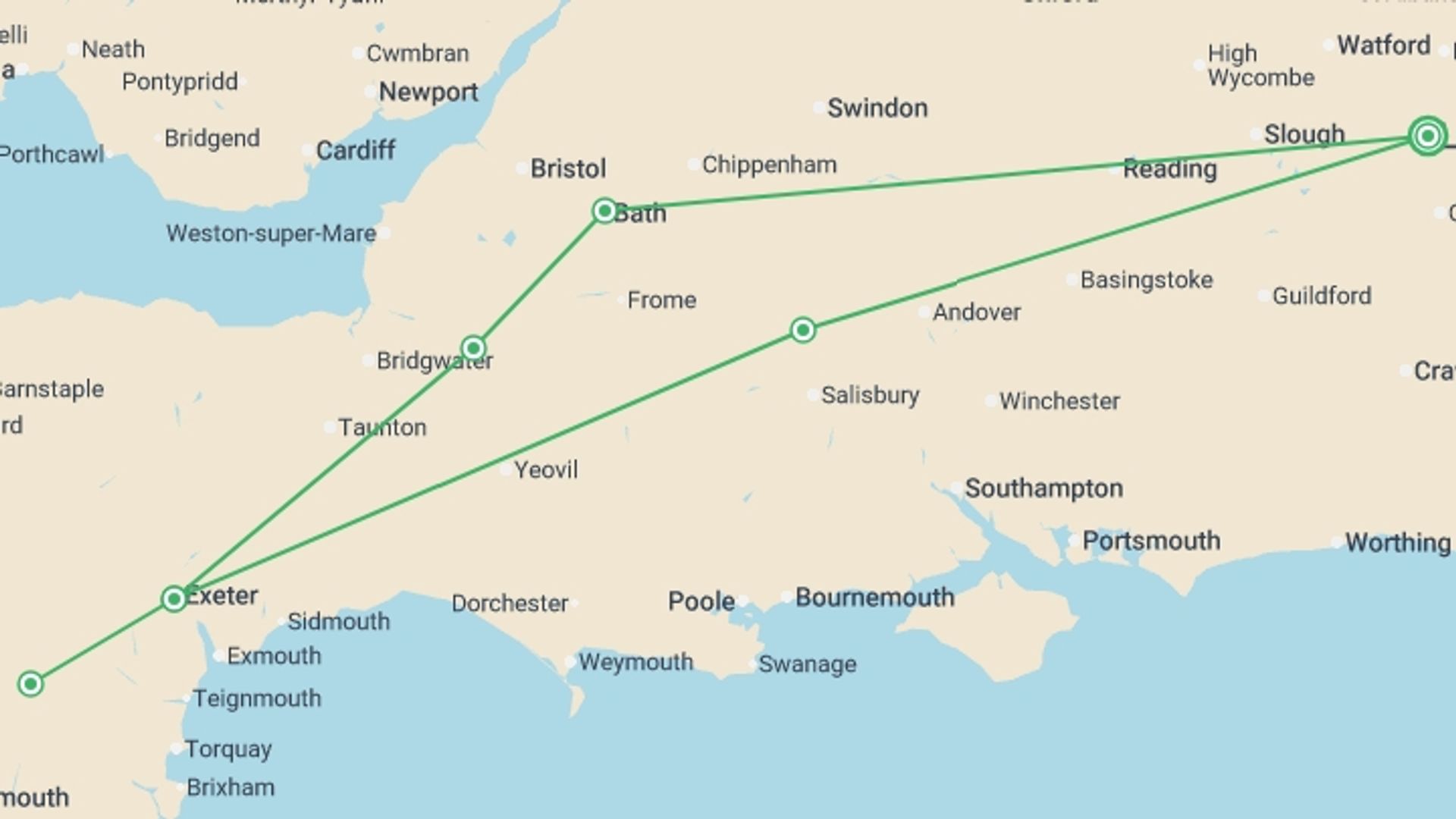 A map showing the tour itinerary for the trip: Southwest England Express - 3 days, starting in London, England and ending in London, England going through 1 other destinations.