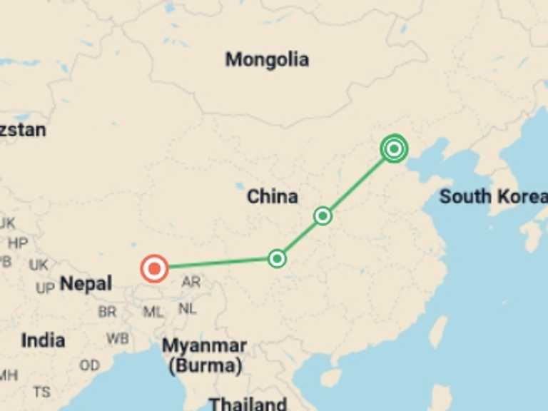 Map itinerary of Asia Tour in May 2026 with 4 destination visits for the trip: China to Tibet - 11 days 