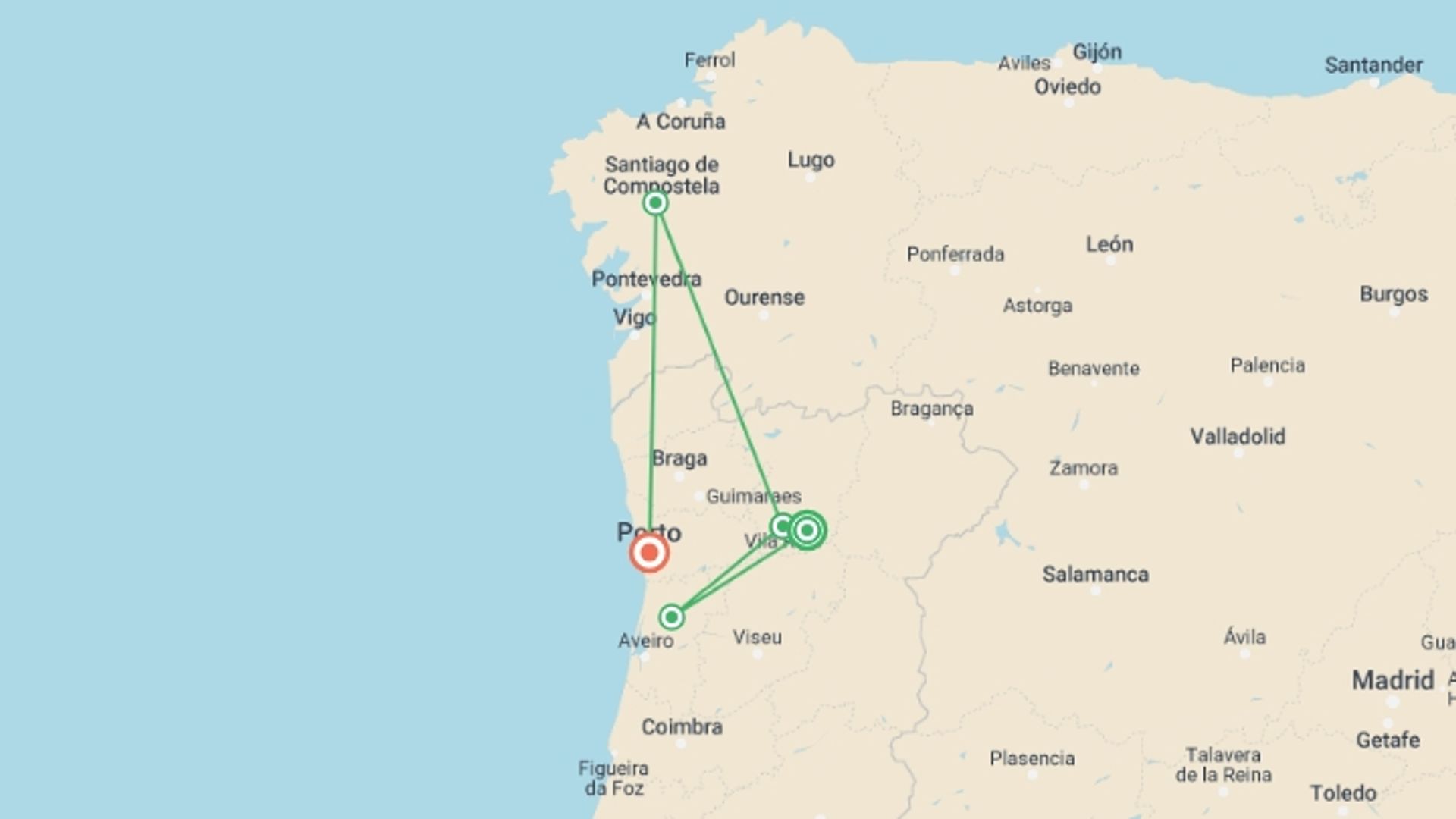 A map showing the tour itinerary for the trip: Douro Wine Region Hike Tour, starting in Sabrosa, Portugal and ending in Porto, Portugal going through 4 other destinations.