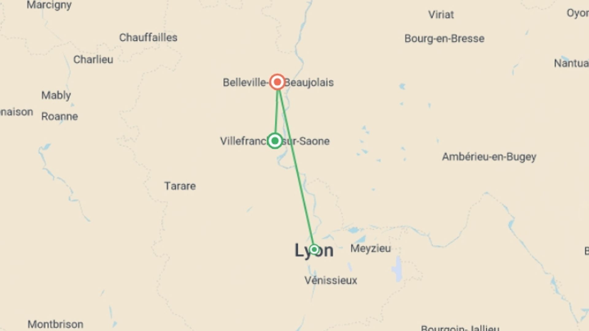 A map showing the tour itinerary for the trip: Food and Wine in a French Chateau, starting in Villefranche-sur-Saone, France and ending in Beaujolais, France going through 2 other destinations.