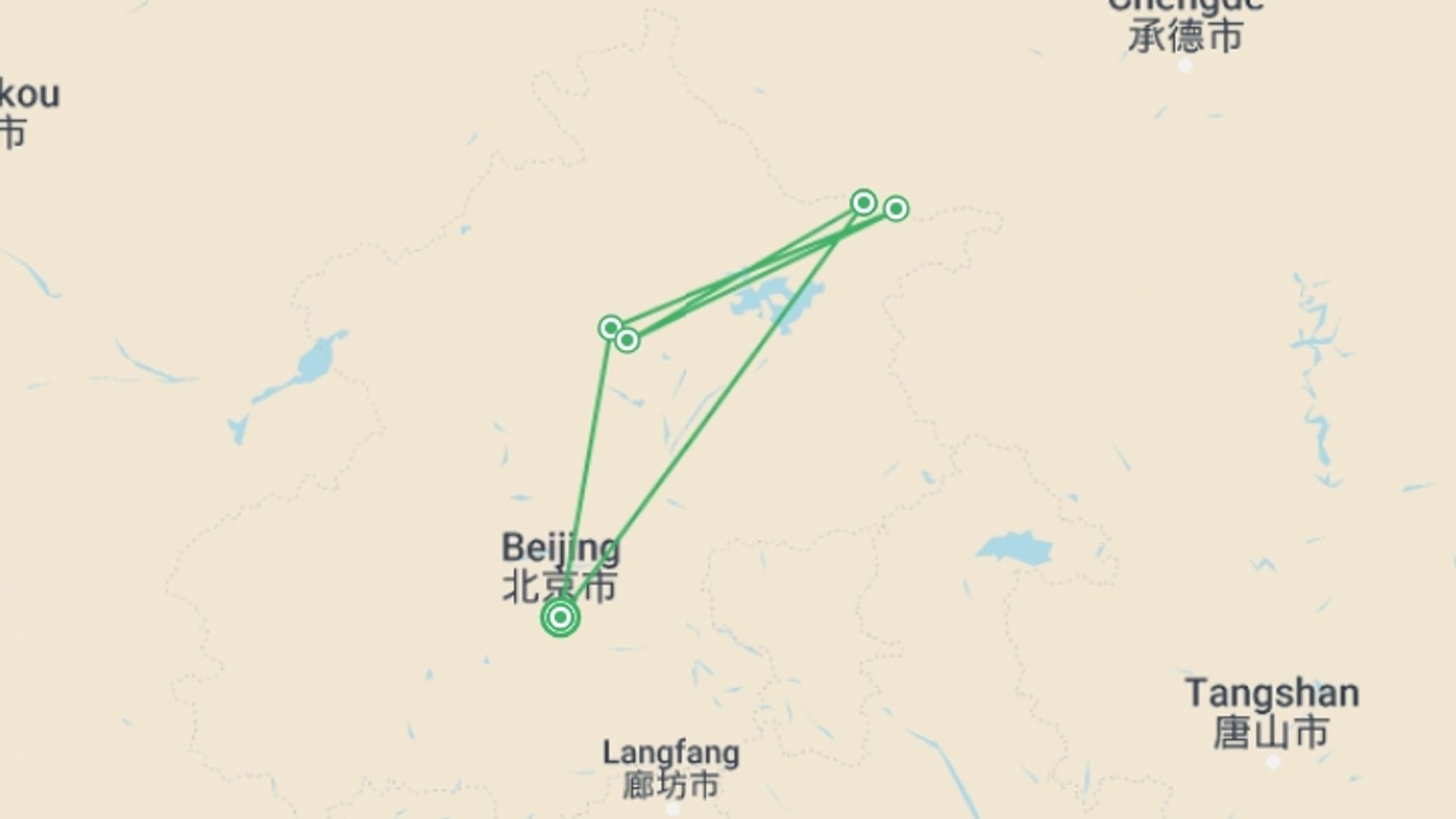 A map showing the tour itinerary for the trip: Great Wall Hiking, starting in Beijing, China and ending in Beijing, China going through 2 other destinations.