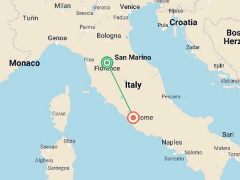 Map of 7-Day Rome Tour with 2 destination visits for the trip: In The Footsteps Of Michelangelo, Private Tour