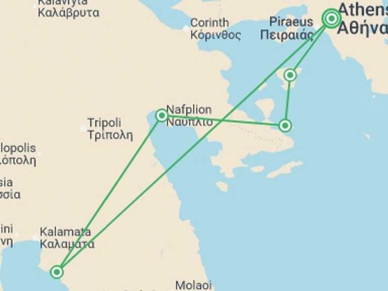 Map itinerary of Europe Tour in August 2026 with 5 destination visits for the trip: Greece Real Food Adventure