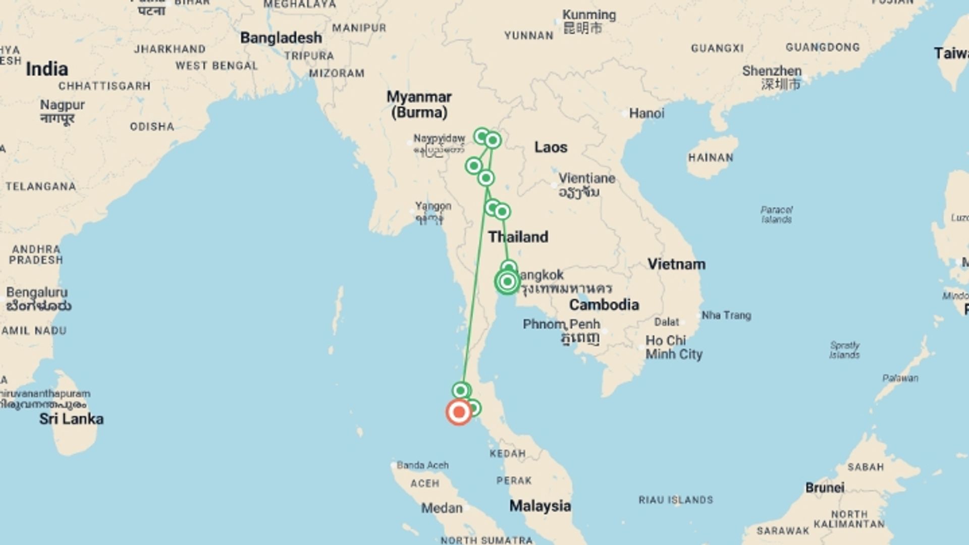 A map showing the tour itinerary for the trip: In-depth Discovery Thailand Tour, starting in Bangkok, Thailand and ending in Phuket, Thailand going through 7 other destinations.
