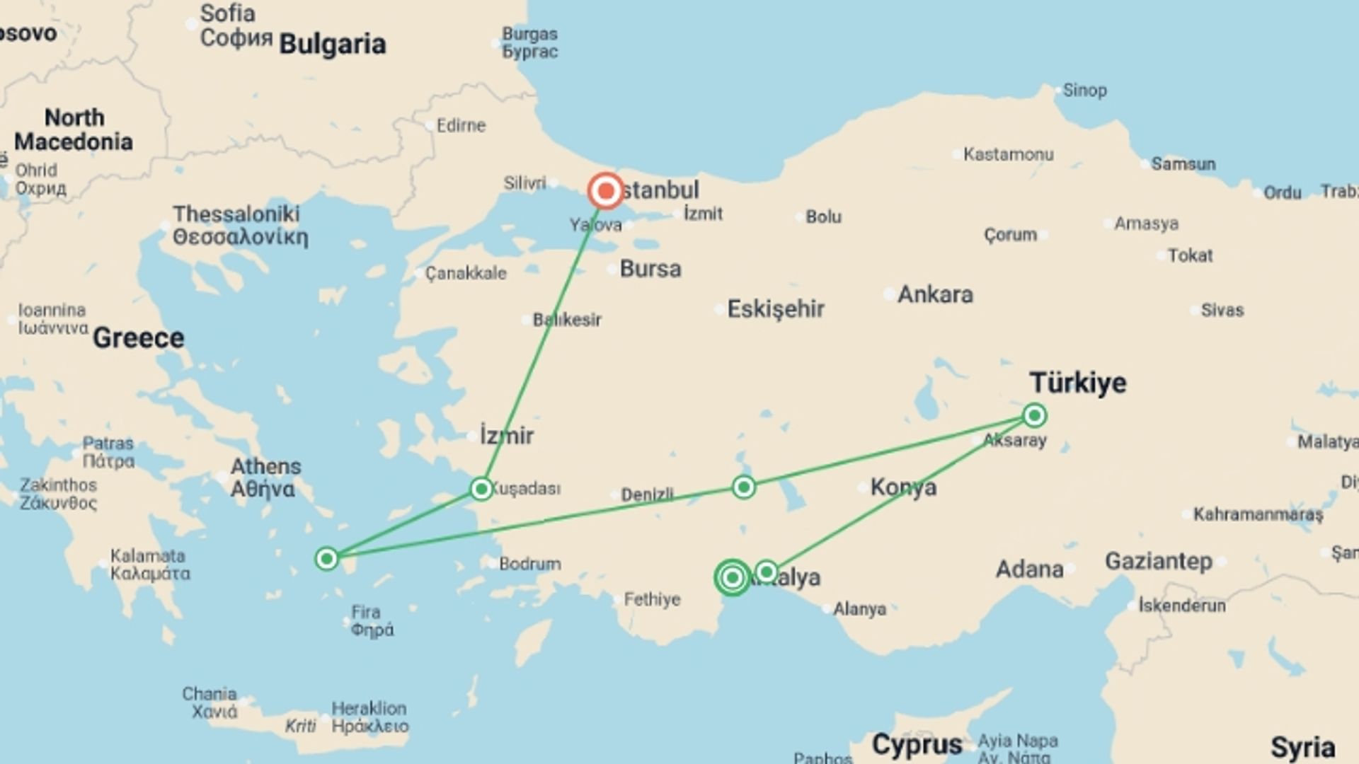 A map showing the tour itinerary for the trip: The Turkish Tour, starting in Antalya, Turkey and ending in Istanbul, Turkey going through 5 other destinations.