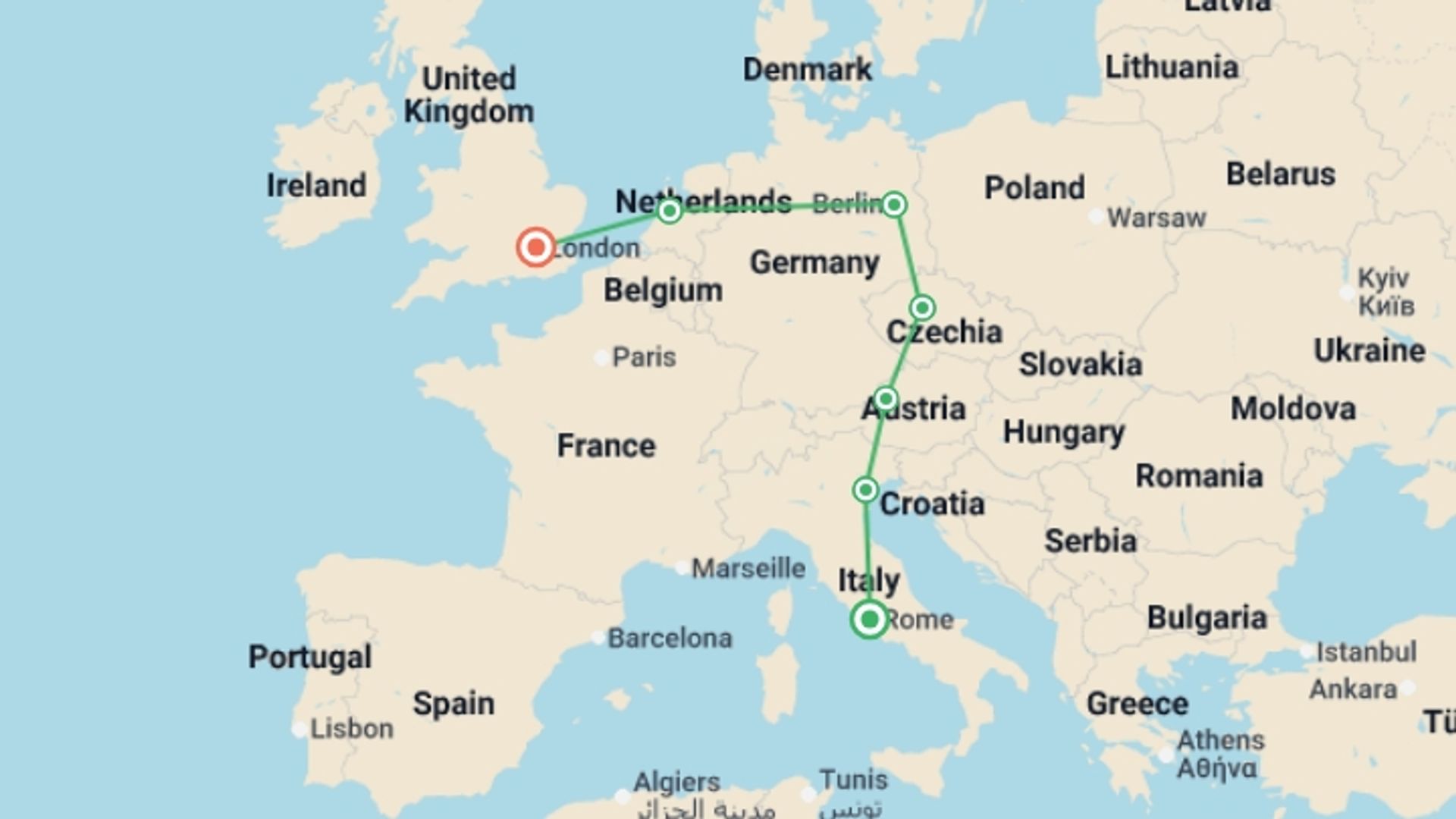 A map showing the tour itinerary for the trip: Rome to London Quest, starting in Rome, Italy and ending in London, England going through 5 other destinations.