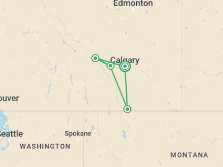 Map of Canada Natural landmarks sightseeing Tour with 4 destination visits for the trip: Active Canadian Rockies Adventure