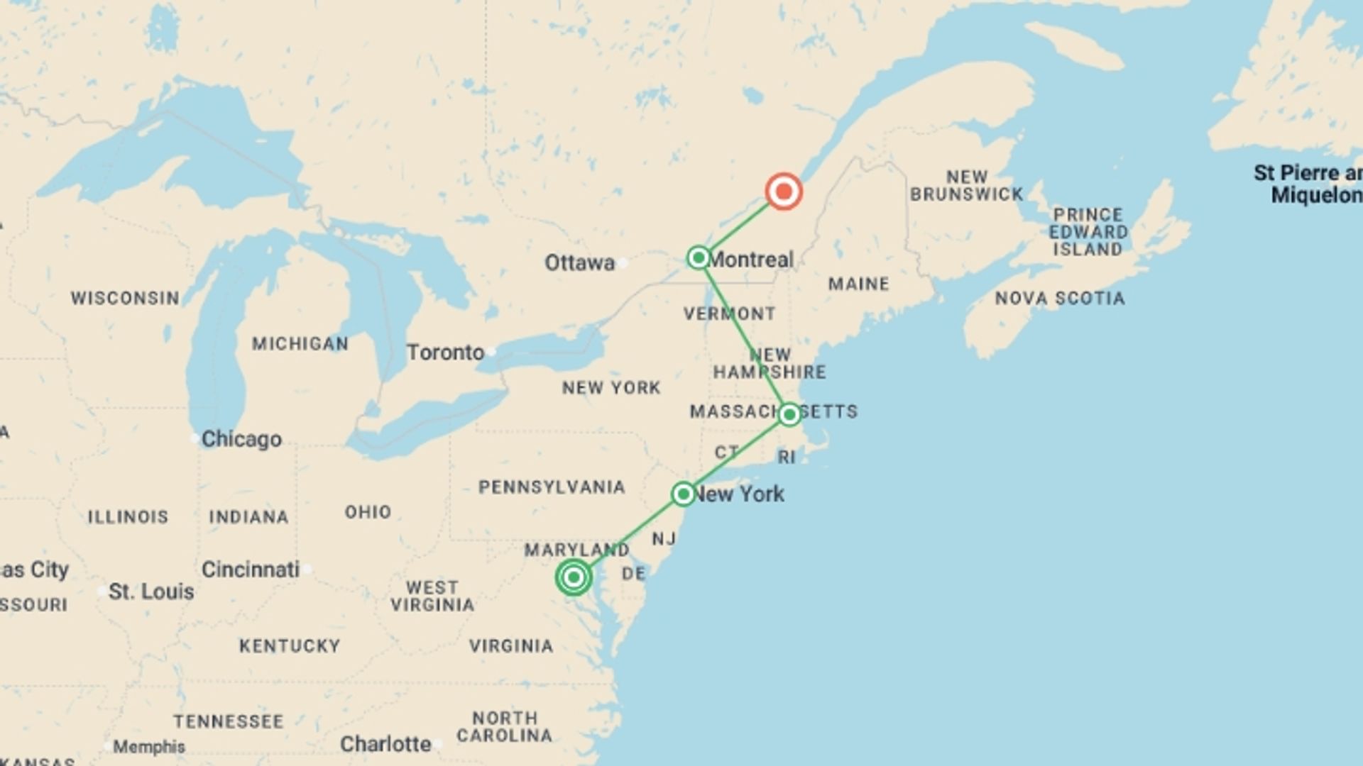 A map showing the tour itinerary for the trip: Touring the East Coast from Washington, starting in Washington D.C., USA and ending in Quebec City, Canada going through 3 other destinations.