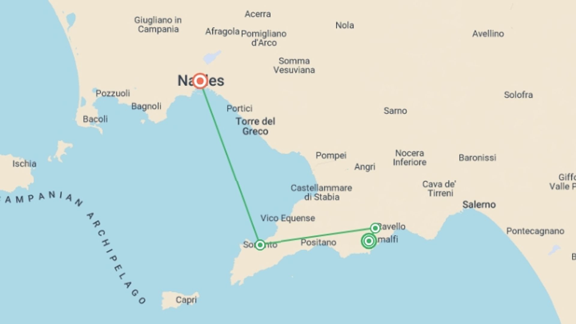 A map showing the tour itinerary for the trip: Hiking The Amalfi Coast, Private Tour, starting in Amalfi Coast & Campania, Italy and ending in Naples, Italy going through 2 other destinations.