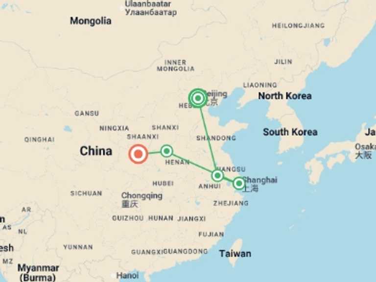 Map itinerary of Asia Tour in February 2027 with 5 destination visits for the trip: Golden Triangle in China
