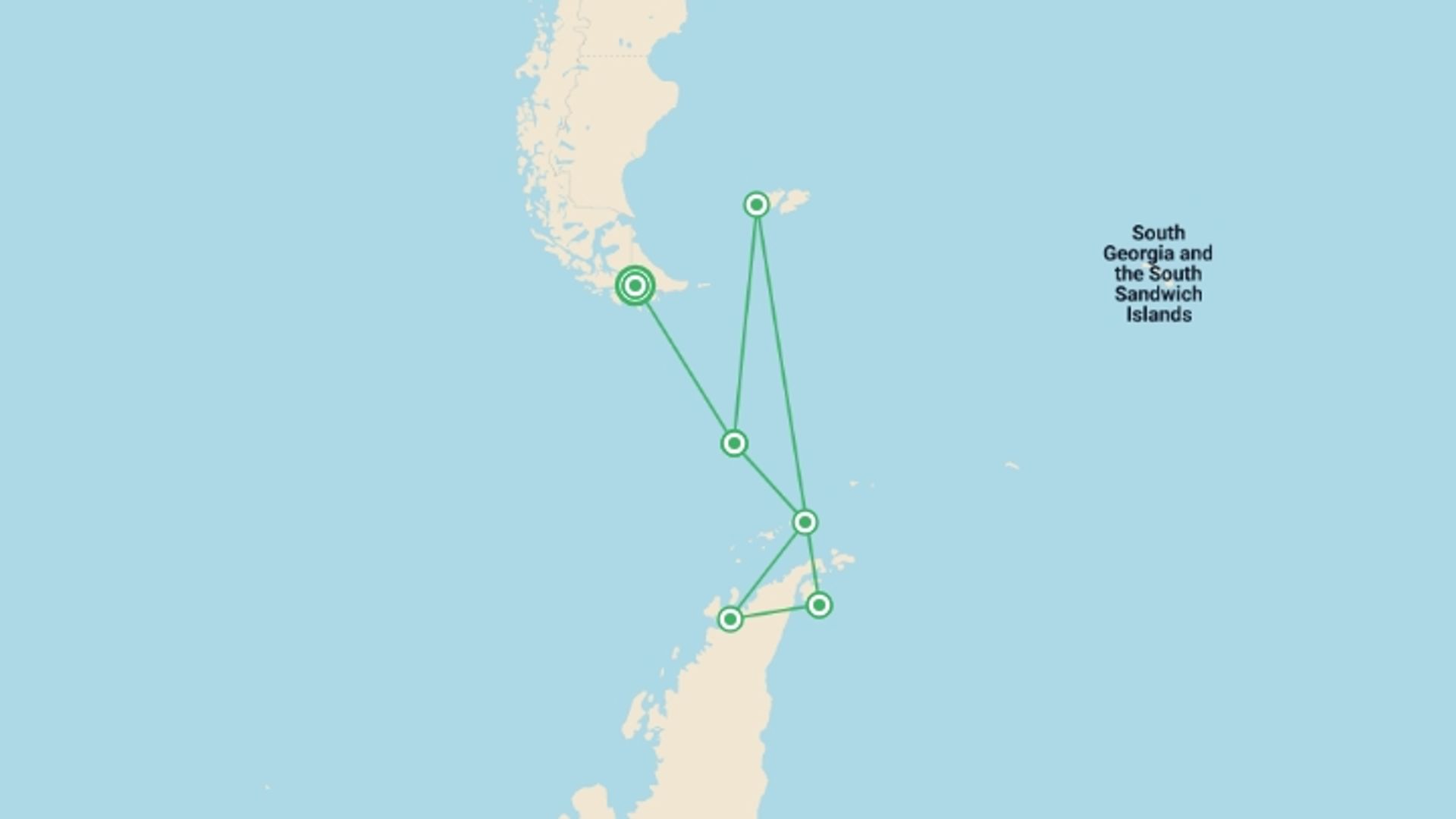 A map showing the tour itinerary for the trip: The Antarctic Peninsula and Weddell Sea - M/V Ushuaia, starting in Ushuaia, Argentina and ending in Ushuaia, Argentina going through 5 other destinations.