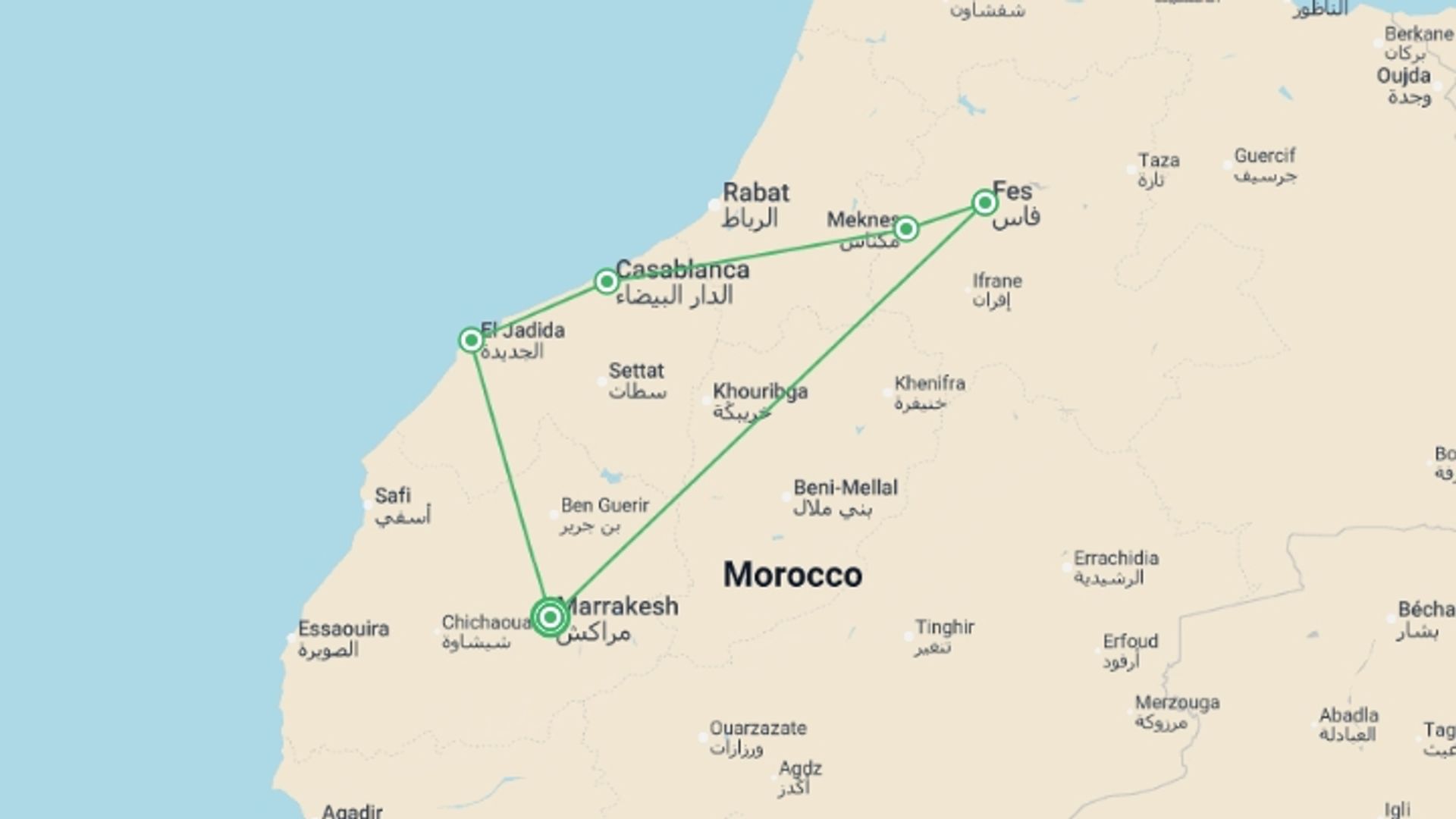 A map showing the tour itinerary for the trip: Marrakech, Ouarzazate & Erfoud - 8 days , starting in Marrakech, Morocco and ending in Marrakech, Morocco going through 2 other destinations.