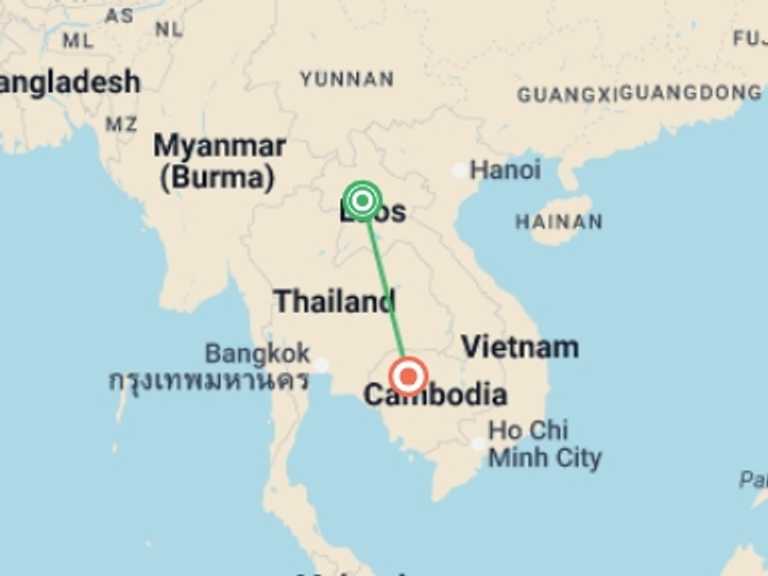 Map itinerary of Asia Tour in Winter with 2 destination visits for the trip: Signature:  Laos and Cambodia's Ancient Traditions