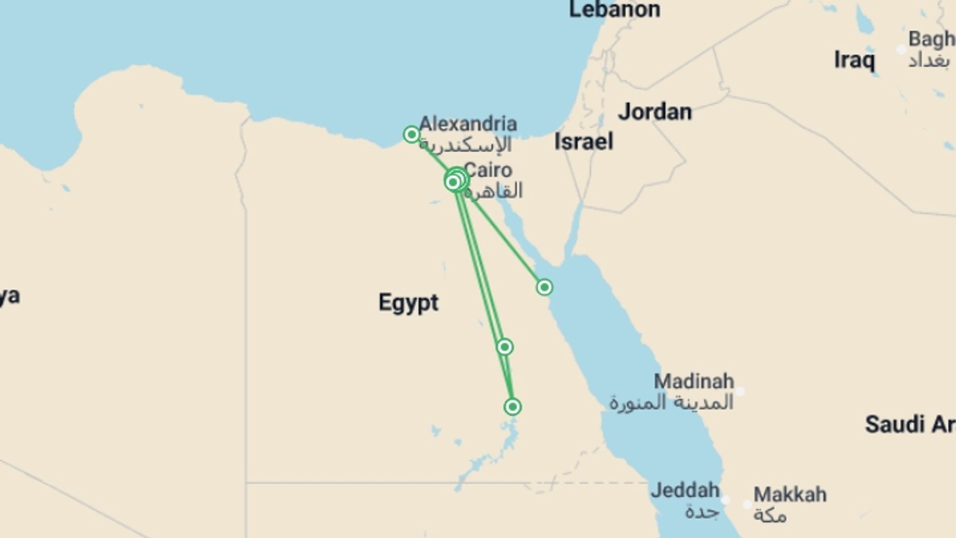 A map showing the tour itinerary for the trip: Alexandria, Ancient Egypt & Red Sea with Cruise - 16 days, starting in Cairo, Egypt and ending in Cairo, Egypt going through 5 other destinations.