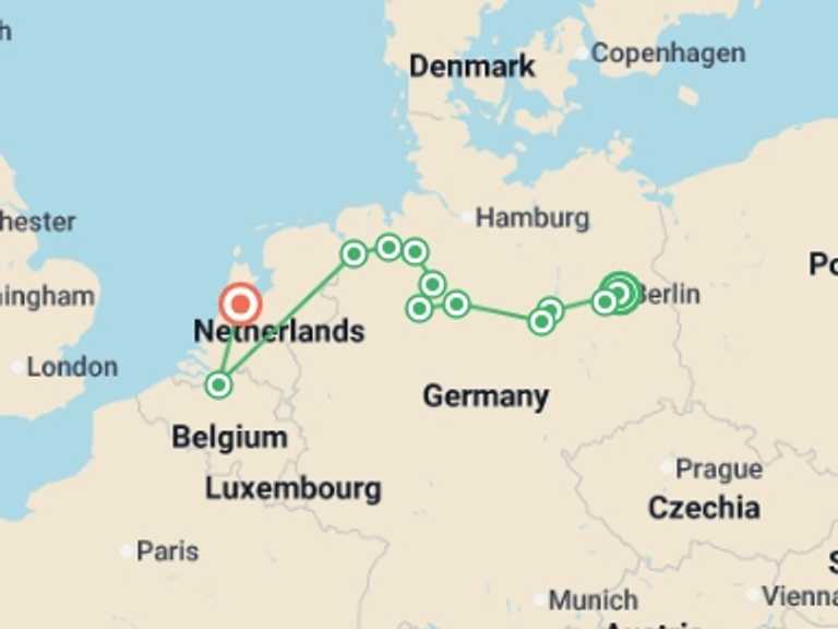 Map of a Sightseeing, attractions, culture and history Tour with 10 destination visits for the trip: From Berlin to Amsterdam (port-to-port cruise)