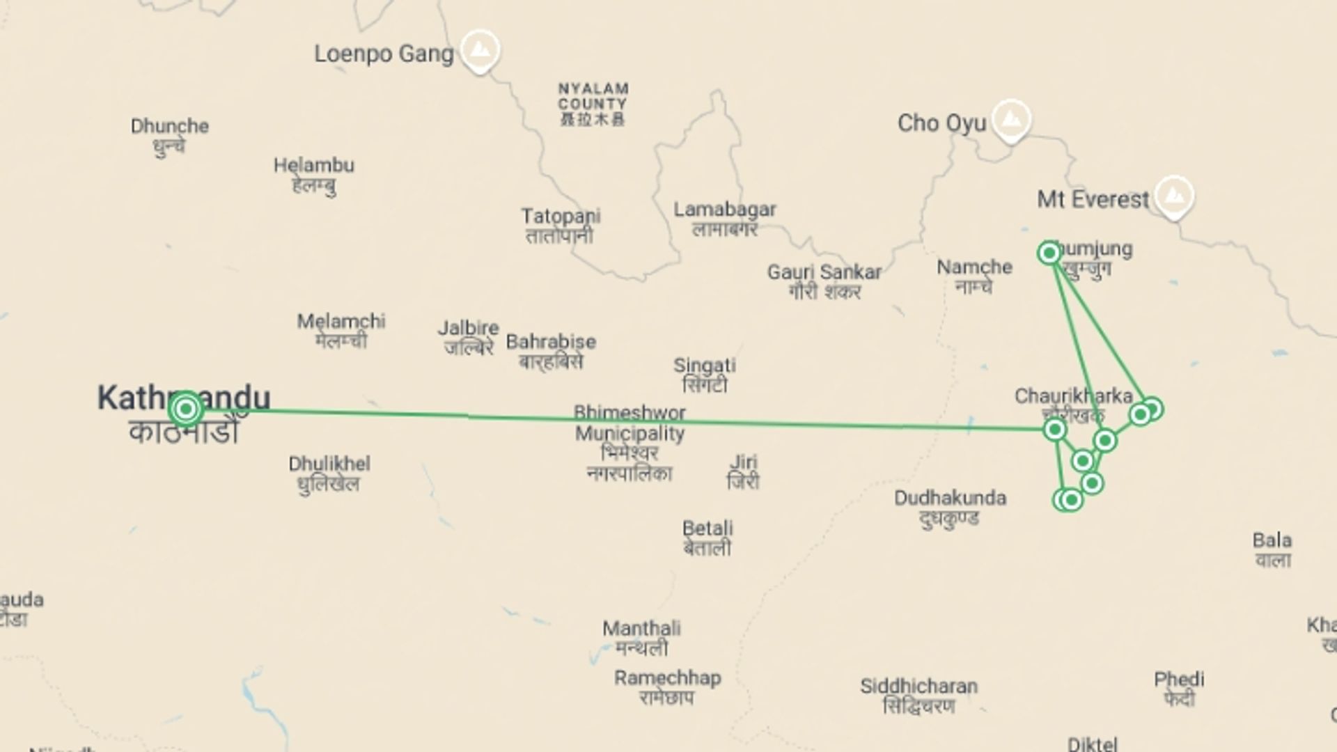 A map showing the tour itinerary for the trip: Mera Peak 6470m, starting in Kathmandu, Nepal and ending in Kathmandu, Nepal going through 9 other destinations.