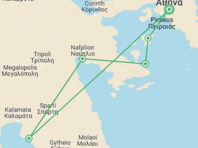 Map itinerary of Greece Tour in September 2027 with 5 destination visits for the trip: Greece Real Food Adventure