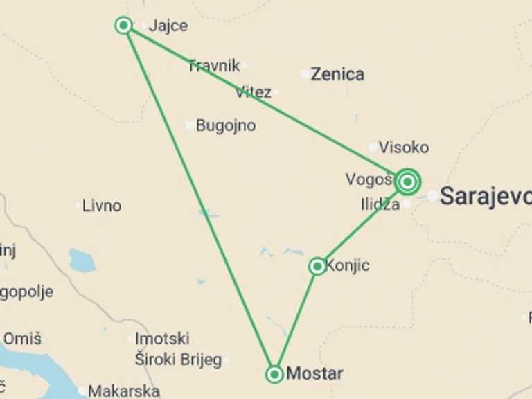 Map itinerary of Europe Tour in August 2026 with 4 destination visits for the trip: Bosnia & Herzegovina Adventure