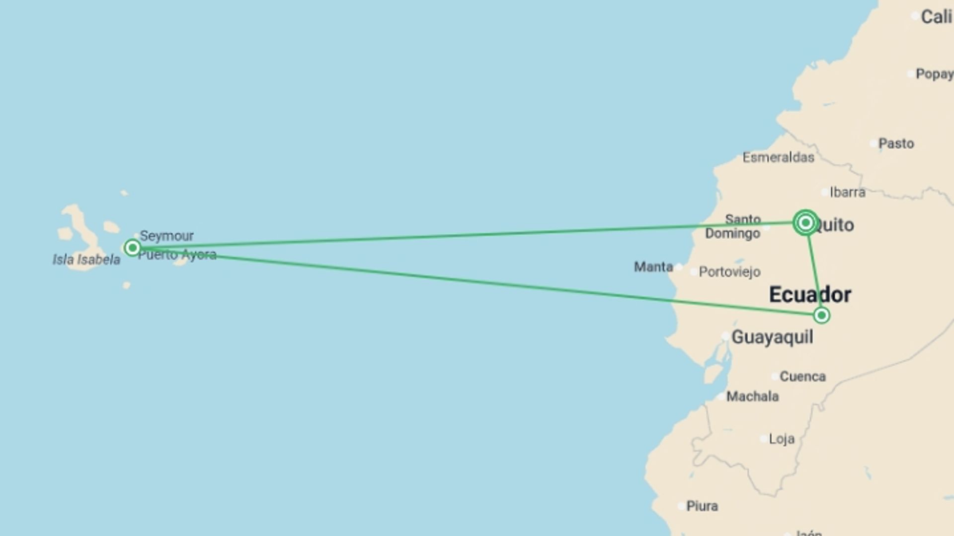 A map showing the tour itinerary for the trip: Santa Cruz Island Diving Adventure 7D/6N, starting in Quito, Ecuador and ending in Quito, Ecuador going through 2 other destinations.