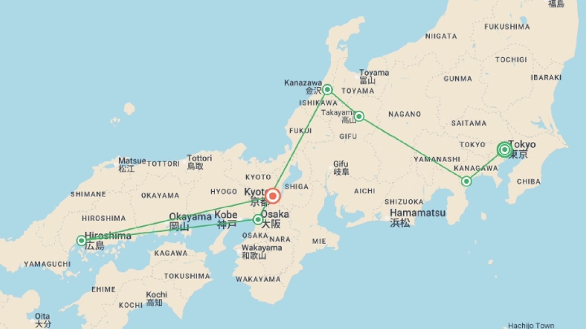 A map showing the tour itinerary for the trip: Jump Into Japan - 14 days, starting in Tokyo, Japan and ending in Kyoto, Japan going through 5 other destinations.